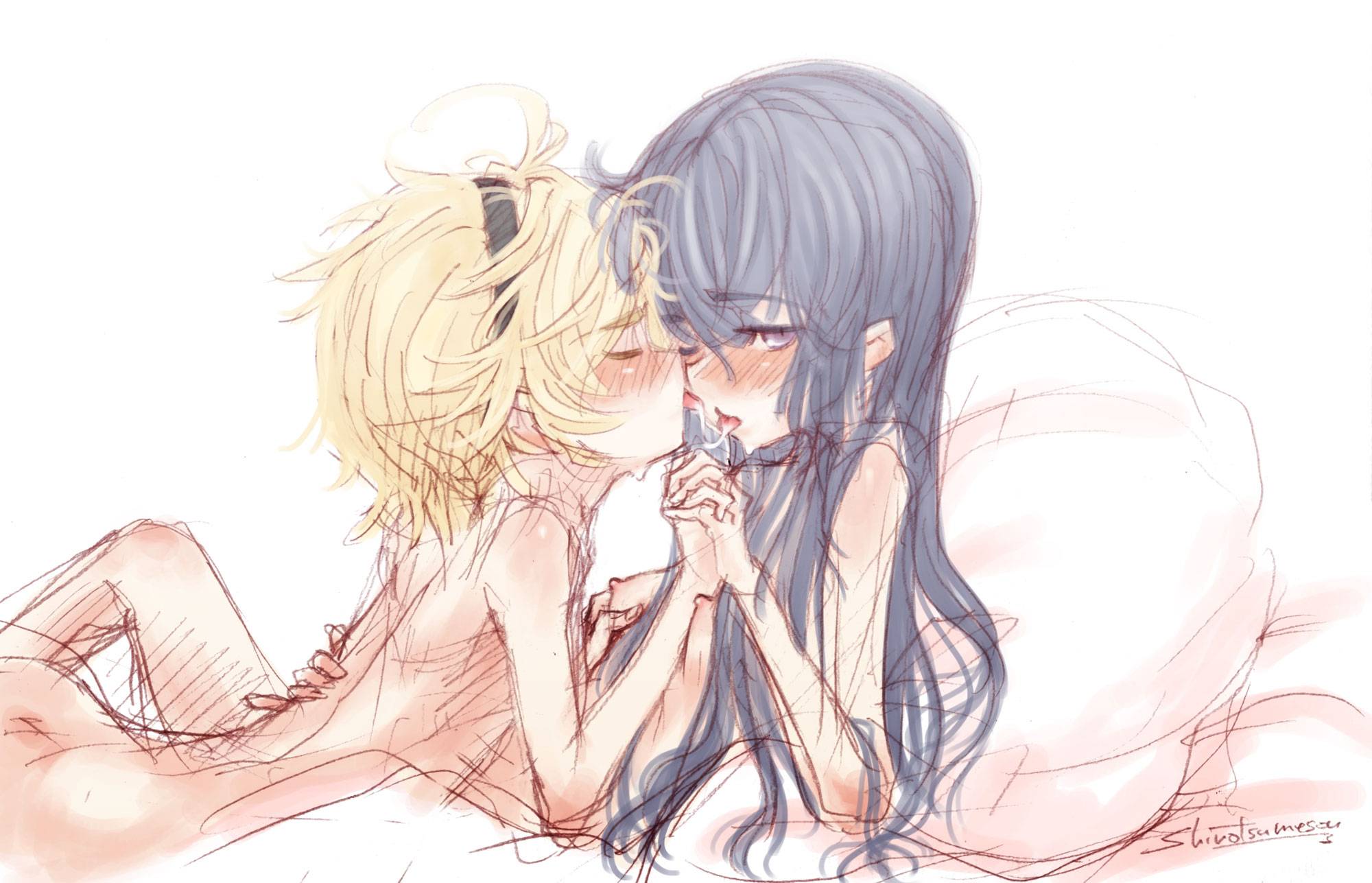 ryou (shirotsumesou), furude rika, houjou satoko, higurashi no naku koro ni, highres, 00s, 2girls, bed, blonde hair, blush, closed eyes, holding hands, kiss, loli, multiple girls, nude, one eye closed, saliva, saliva trail, sketch, wink, yuri