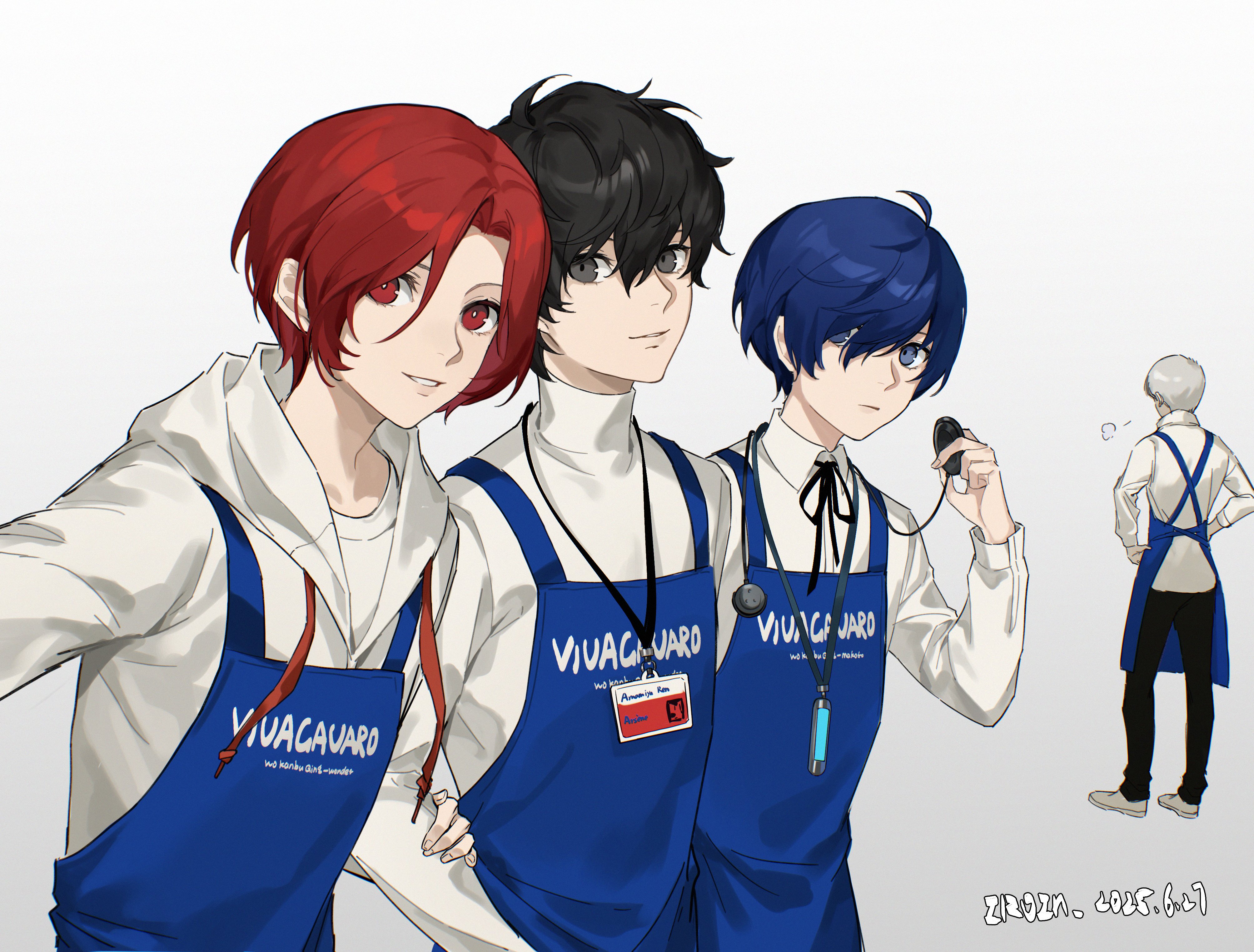 amamiya ren, narukami yu, yuuki makoto (persona 3), persona, persona 3, persona 4, persona 5, persona 5: the phantom x, absurdres, commentary, hashtag-only commentary, highres, 4boys, ahoge, apron, artist name, black eyes, black hair, black ribbon, blue apron, blue eyes, blue hair, character name, dated, digital media player, digital walkman, earphones, employee uniform, hair between eyes, hand on another's arm, holding, holding earphones, hood, hoodie, id card, iroin11, kamishiro nagisa, lanyard, long sleeves, looking at viewer, male focus, multiple boys, parted lips, red eyes, red hair, ribbon, shirt, short hair, simple background, smile, standing, turtleneck, turtleneck shirt, walkman nw-s203f, white background, white hoodie, white shirt