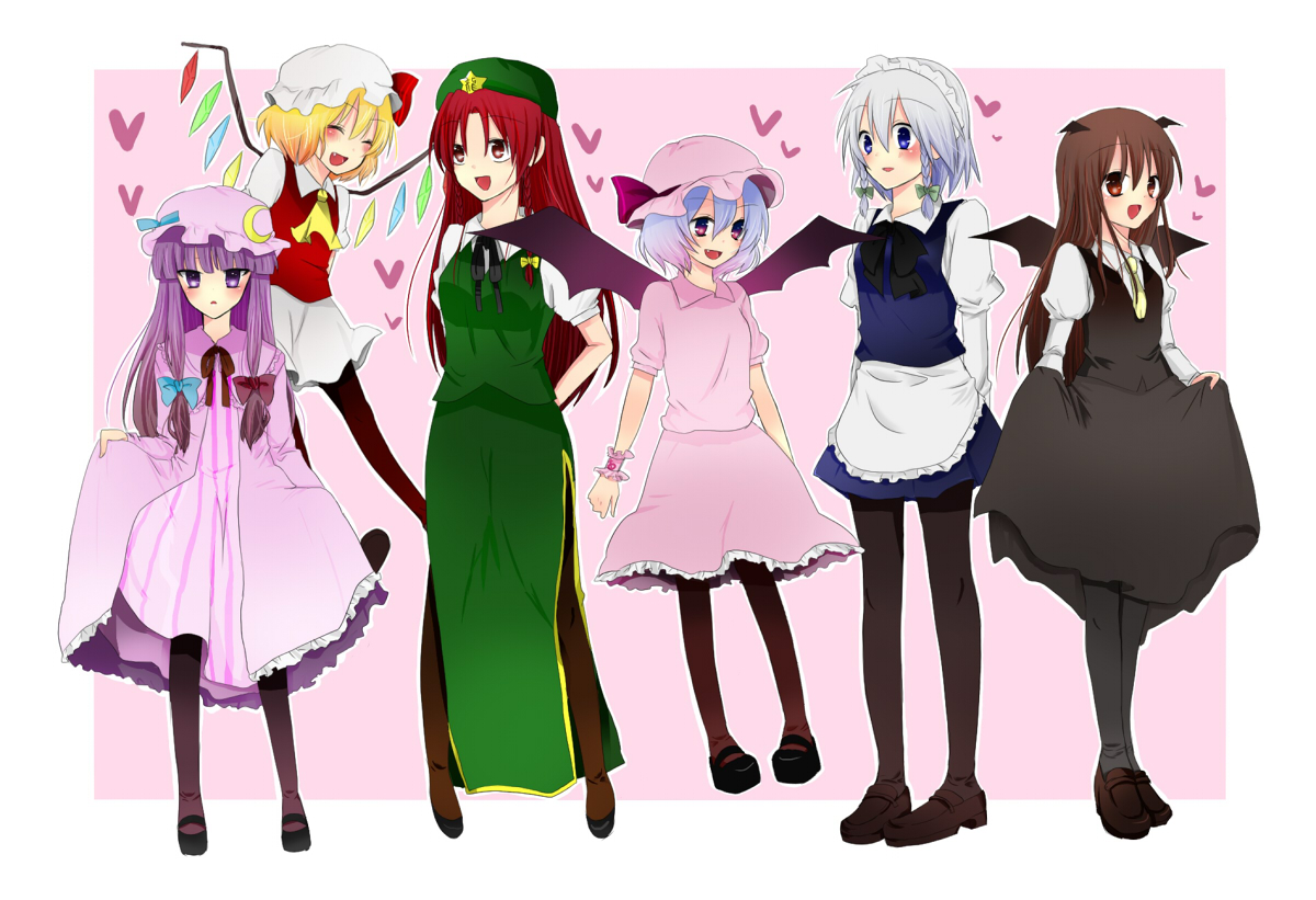 kanaritsu (pixiv), kanaritu, flandre scarlet, hong meiling, izayoi sakuya, koakuma, patchouli knowledge, remilia scarlet, embodiment of scarlet devil, touhou, bad id, bad pixiv id, 6+girls, dress, female focus, hat, heart, maid, multiple girls, pantyhose, pinafore dress, pink background, sleeveless dress