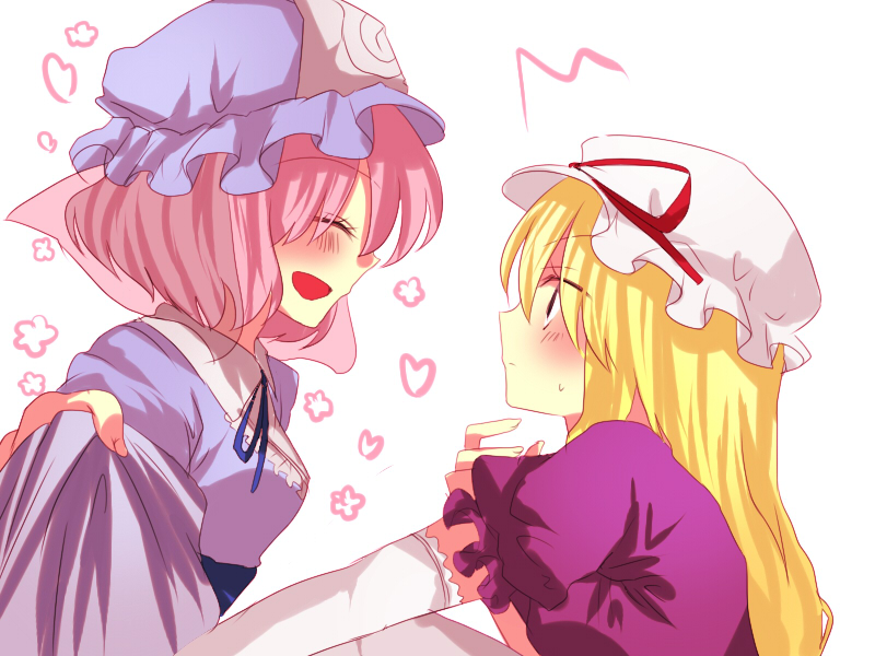 kanaritsu (pixiv), kanaritu, saigyouji yuyuko, yakumo yukari, touhou, bad id, bad pixiv id, 2girls, female focus, hat, heart, multiple girls