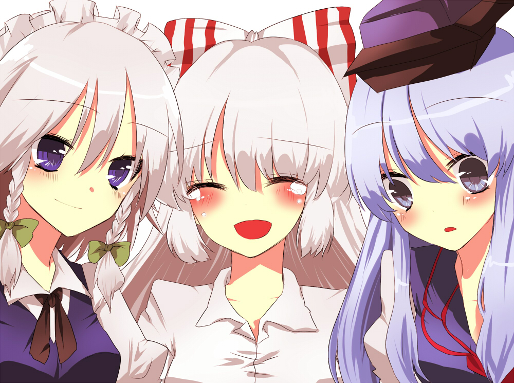kanaritsu (pixiv), kanaritu, fujiwara no mokou, izayoi sakuya, kamishirasawa keine, touhou, silver hair, bad id, bad pixiv id, 3girls, :d, ^ ^, blue eyes, blue hair, blush, braid, closed eyes, female focus, hat, looking at viewer, multiple girls, open mouth, simple background, smile, tate eboshi, tears, twin braids, upper body, white background