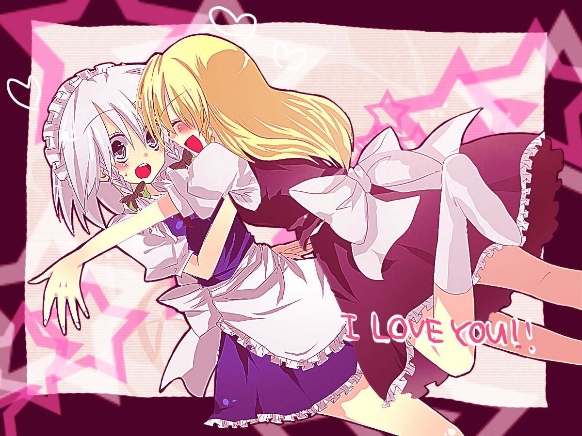 kanaritsu (pixiv), kanaritu, izayoi sakuya, kirisame marisa, touhou, bad id, bad pixiv id, 2girls, female focus, heart, multiple girls