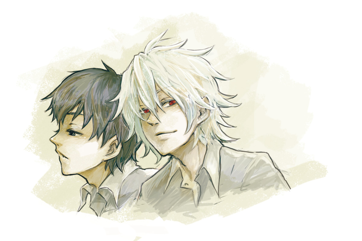 nao (repeat), ikari shinji, nagisa kaworu, neon genesis evangelion, silver hair, bad id, bad pixiv id, 2boys, black eyes, black hair, gradient background, looking at viewer, male focus, multiple boys, profile, red eyes, short hair, simple background, upper body, white background