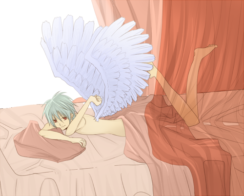 po ko, nagisa kaworu, neon genesis evangelion, bad id, bad pixiv id, lowres, 1boy, barefoot, bed, bed sheet, curtains, full body, indoors, lying, male focus, naked sheet, solo, wings