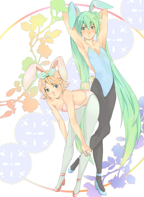 chitose gitsune, hatsune miku, kagamine rin, vocaloid, bad id, bad pixiv id, 2girls, animal ears, aqua eyes, armpits, arms behind head, bent over, blonde hair, blue eyes, blush, fake animal ears, flat chest, flower, gradient hair, green eyes, green hair, hair ornament, hair ribbon, hairclip, high heels, long hair, multicolored hair, multiple girls, pantyhose, playboy bunny, rabbit ears, ribbon, shoes, short hair, smile, twintails, very long hair
