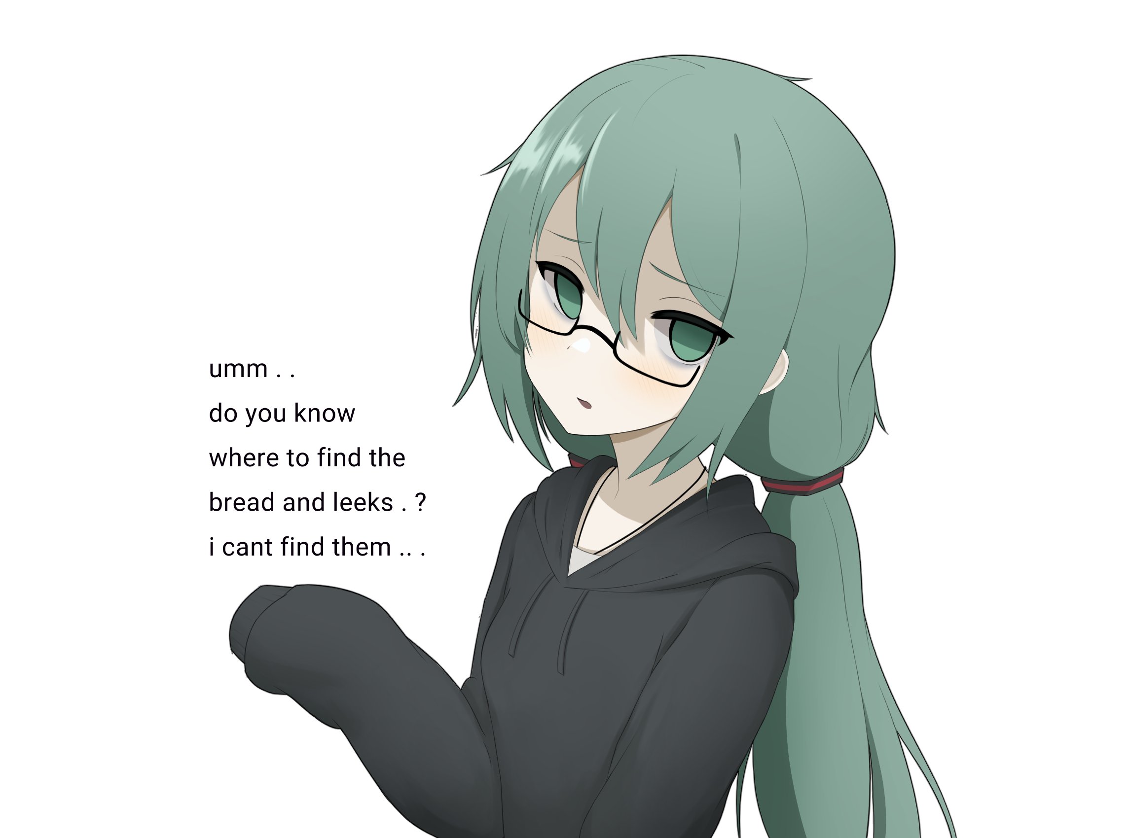 mikoscrub, hatsune miku, vocaloid, commentary, english commentary, highres, 1girl, aqua eyes, aqua hair, bespectacled, black hoodie, breasts, empty eyes, english text, glasses, hood, hoodie, long hair, low twintails, sleeves past fingers, sleeves past wrists, small breasts, solo, twintails, upper body