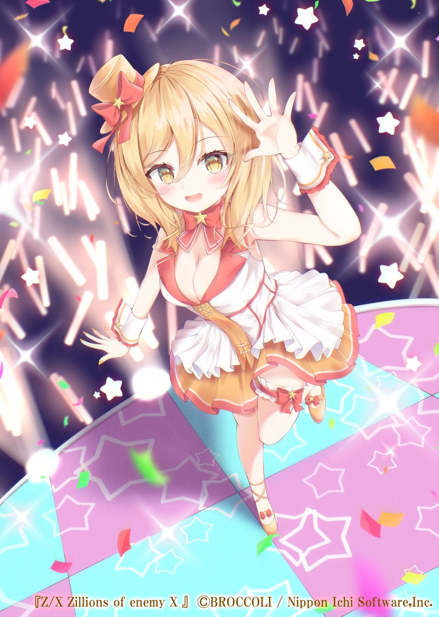 liuliu, z/x, highres, official art, 1girl, blonde hair, bow, breasts, cleavage, concert, confetti, copyright notice, dress, frilled thigh strap, from above, glowstick, hair between eyes, hat, hat bow, hat ornament, idol clothes, large breasts, medium hair, mini hat, nino (z/x), open mouth, orange hat, orange shoes, red bow, shoes, solo, sparkle, stage, standing, standing on one leg, star (symbol), star hat ornament, thigh strap, white wrist cuffs, wrist cuffs, yellow eyes
