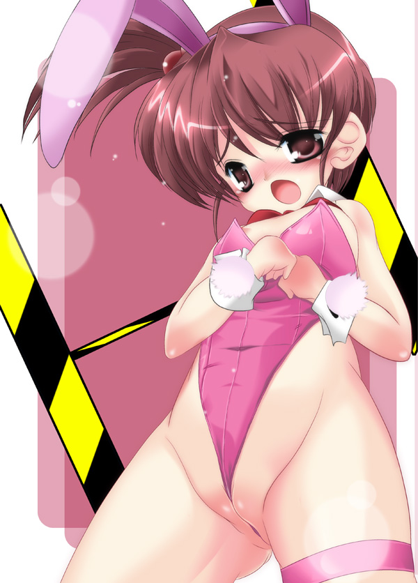 sachuma, kyon no imouto, suzumiya haruhi no yuuutsu, 00s, 1girl, animal ears, bare legs, blush, breasts, brown eyes, brown hair, cameltoe, fake animal ears, female focus, medium breasts, nipples, partially visible vulva, playboy bunny, rabbit ears, short hair, side ponytail, solo, thigh strap, wedgie