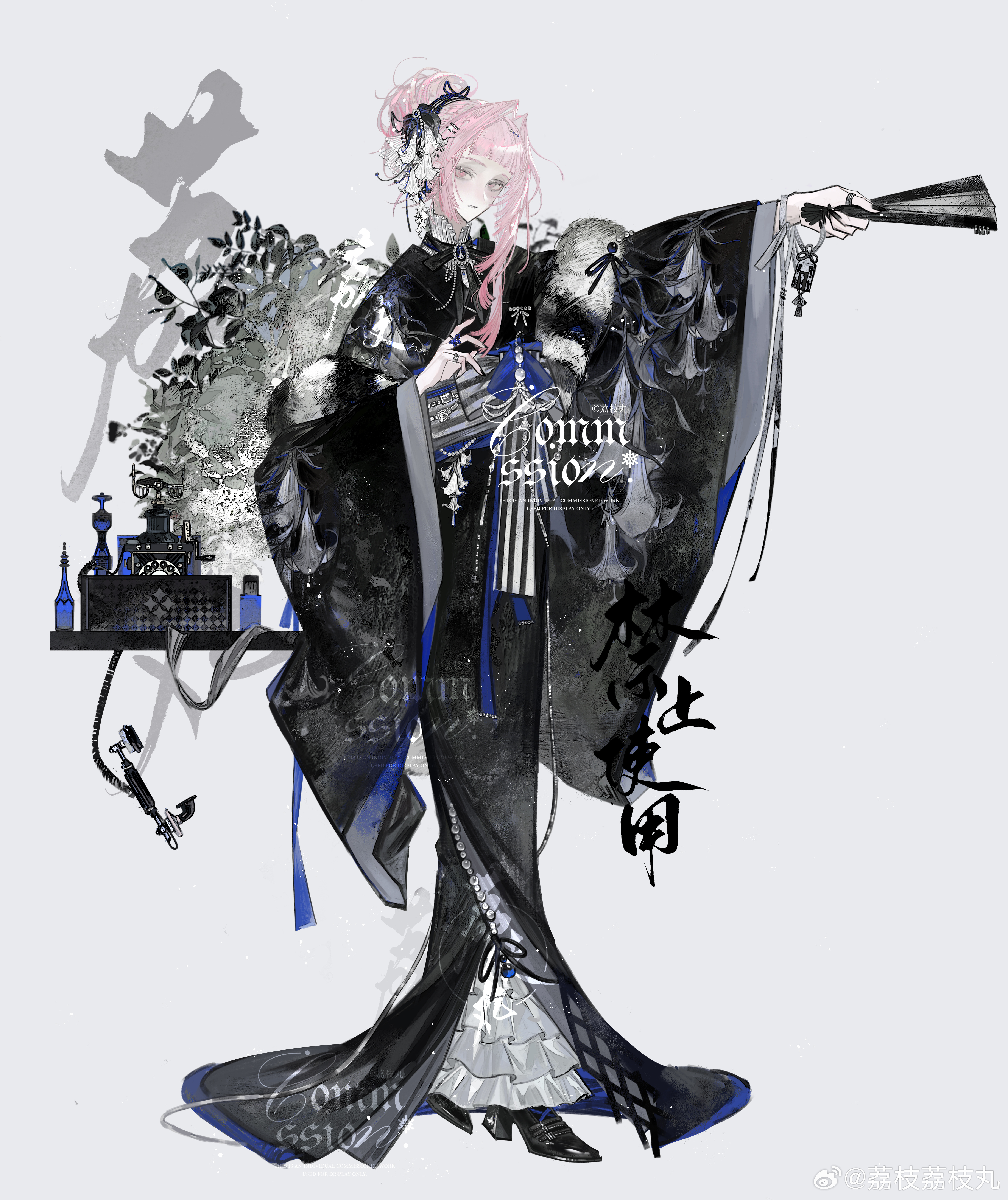 original, absurdres, chinese commentary, commission, highres, 1girl, angel's trumpet, antique phone, arched bangs, asymmetrical sidelocks, black kimono, black nails, black ribbon, black shoes, block heels, blue gemstone, blue ribbon, blunt ends, bottle, bow, bow ring, brooch, corded phone, feather boa, floral print, floral print kimono, flower, folded fan, folding fan, frilled kimono, frilled shirt collar, frills, full body, gem, glint, grey bow, grey ribbon, grey sash, hair bun, hair flower, hair intakes, hair ornament, hair ribbon, hairclip, hand fan, hand up, holding, holding fan, japanese clothes, jewelry, kimono, lizhi wan, long sidelocks, long sleeves, looking at viewer, multiple rings, nail polish, neck ribbon, obi, omamori, outstretched arm, parted lips, pearl (gemstone), pearl ring, phone, pink eyes, pink hair, plant, print kimono, ribbon, ring, rotary phone, sanpaku, sash, shirt, shirt under kimono, shoes, sidelocks, sideways glance, simple background, single hair bun, solo, standing, striped bow, striped sash, table, thumb ring, watermark, weibo watermark, white background, white flower, white shirt, wide sleeves, wrist ribbon