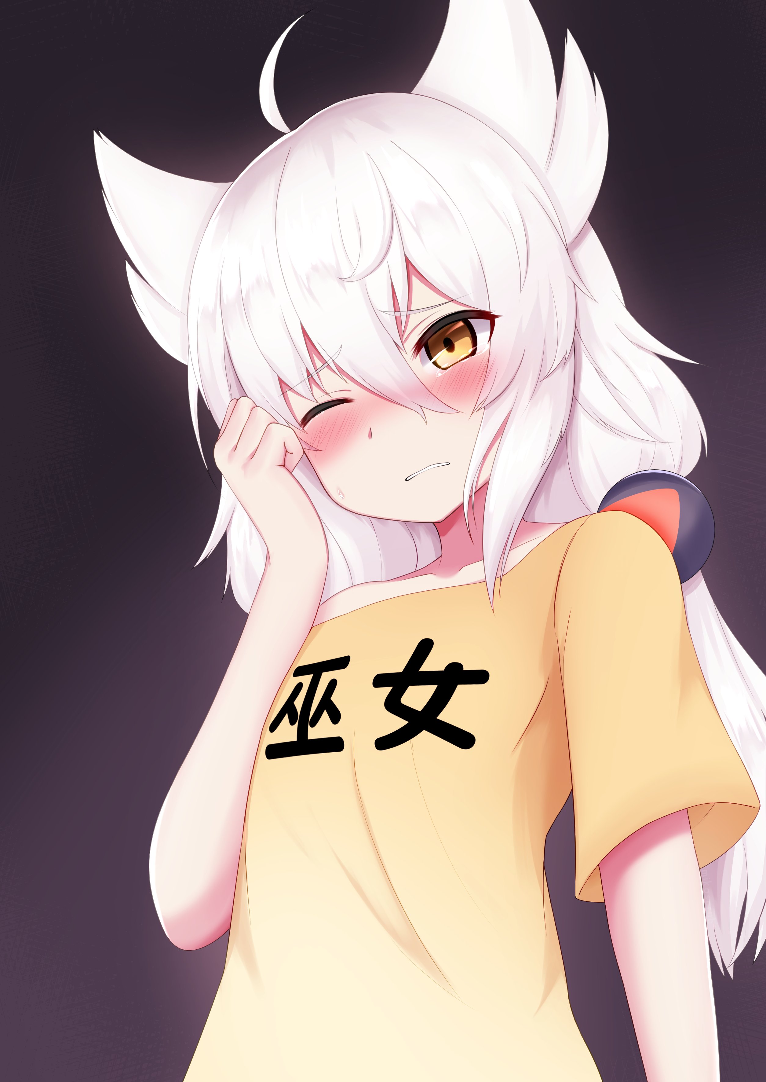 mikoscrub, original, absurdres, commentary, highres, 1girl, ahoge, blush, flat chest, frown, hair bobbles, hair flaps, hair ornament, off shoulder, one eye closed, shirt, solo, t-shirt, tearing up, tears, upper body, white hair, yellow eyes, yellow shirt