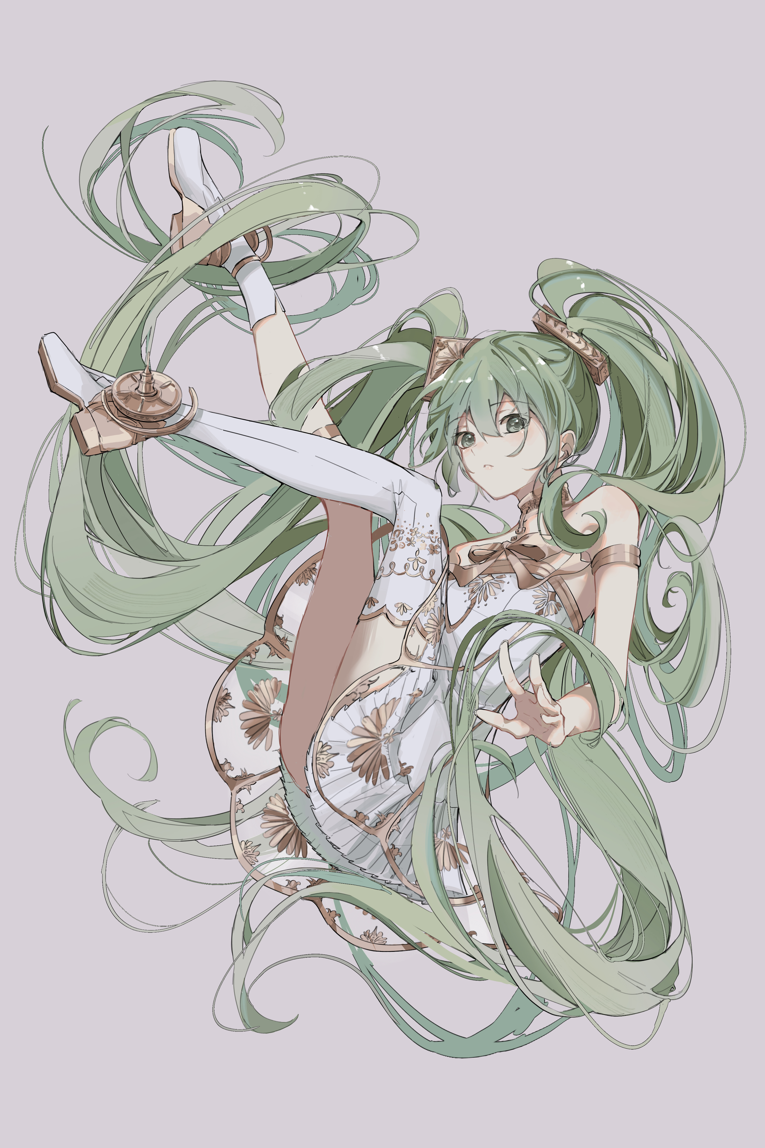 13165075695, gramophone miku, hatsune miku, miku symphony (vocaloid), vocaloid, gold armlet, absurdres, highres, 1girl, armlet, asymmetrical legwear, ballerina, breasts, dress, green eyes, green hair, grey background, hair between eyes, hair ornament, jewelry, long hair, looking at viewer, medium breasts, official alternate costume, official alternate hairstyle, parted lips, simple background, single thighhigh, solo, strapless, strapless dress, thighhighs, tutu, twintails, very long hair, white thighhighs
