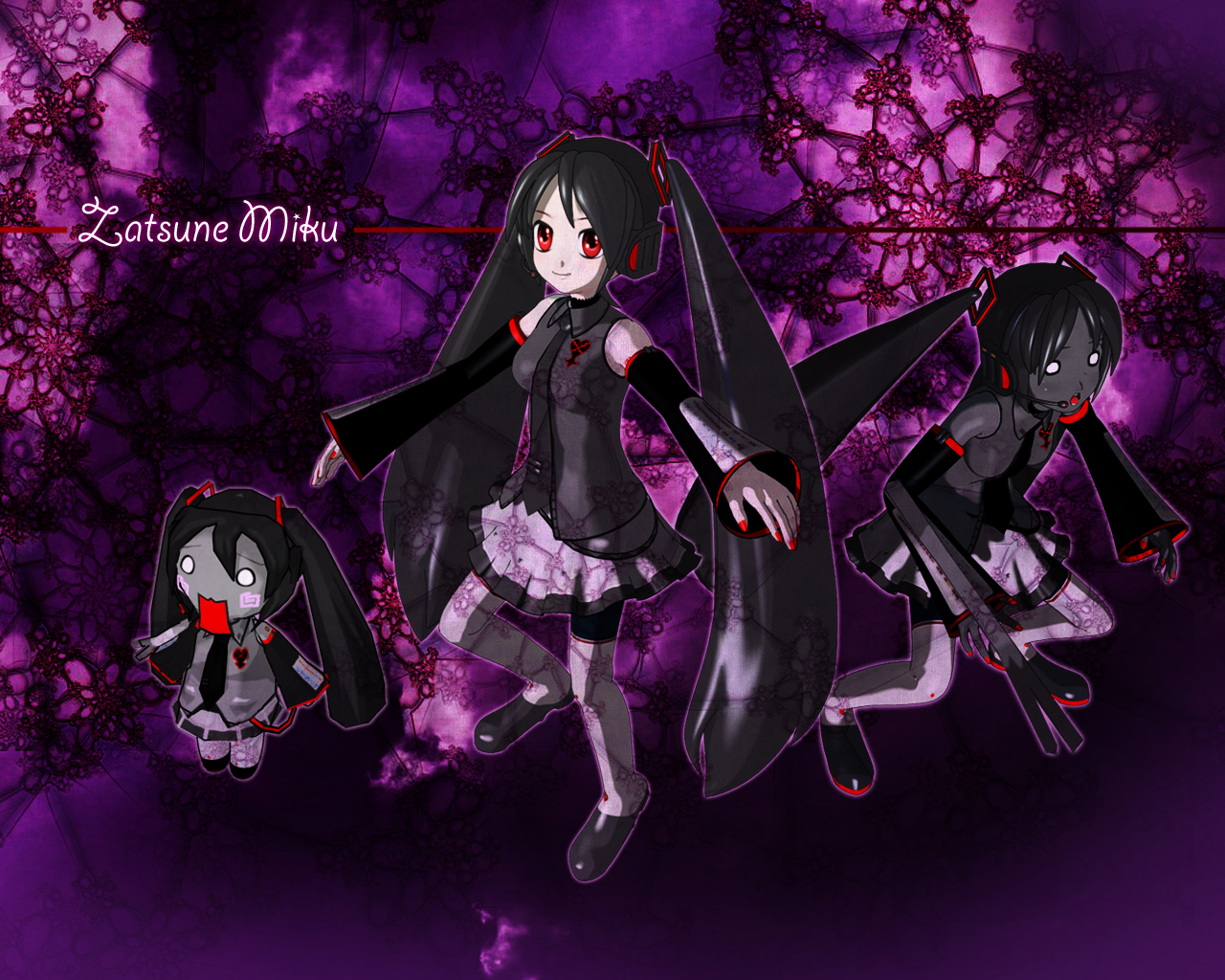 hachune miku, hatsune miku, heartless, zatsune miku, kingdom hearts, vocaloid, 3girls, black hair, character name, chibi, crossover, darkness, detached sleeves, female focus, goth fashion, headphones, heartless emblem, long hair, miniskirt, multiple girls, necktie, o o, red eyes, shoes, skirt, smile, spring onion, thighhighs, twintails, very long hair