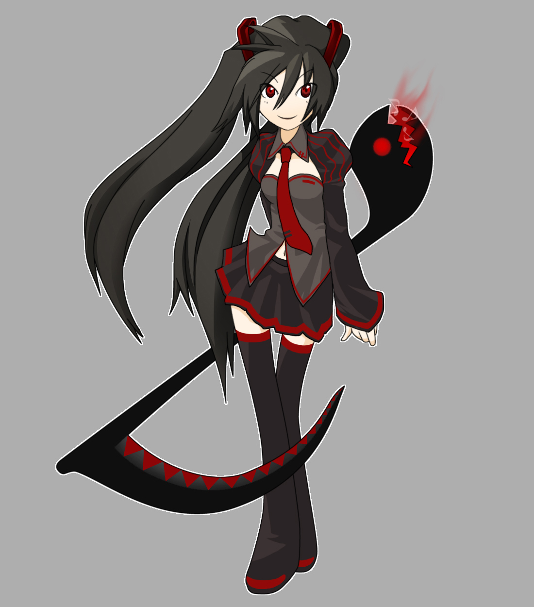 zatsune miku, vocaloid, artist request, highres, black hair, detached sleeves, headphones, long hair, musical note, necktie, red eyes, scythe, smile, solo, thighhighs, twintails, very long hair