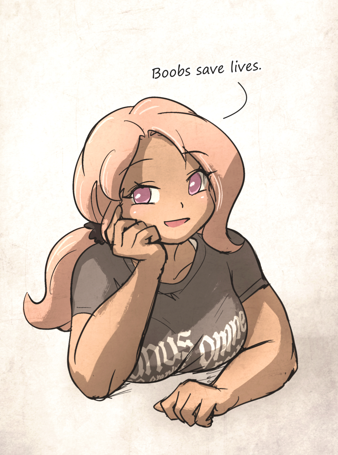 ironlily, ebenholz (ironlily), original, commentary, highres, 1girl, breasts, dark-skinned female, dark skin, english text, hair ornament, hair scrunchie, head rest, large breasts, pink eyes, pink hair, scrunchie, solo, thick arms, upper body