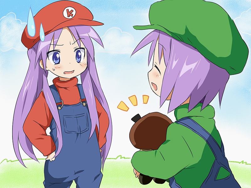 maruki (punchiki), goomba, hiiragi kagami, hiiragi tsukasa, luigi, mario, lucky star, mario (series), nintendo, bad id, bad pixiv id, 2girls, cosplay, costume, hat, long hair, luigi (cosplay), mario (cosplay), multiple girls, overalls, parody, siblings, sisters, sweatdrop, twins