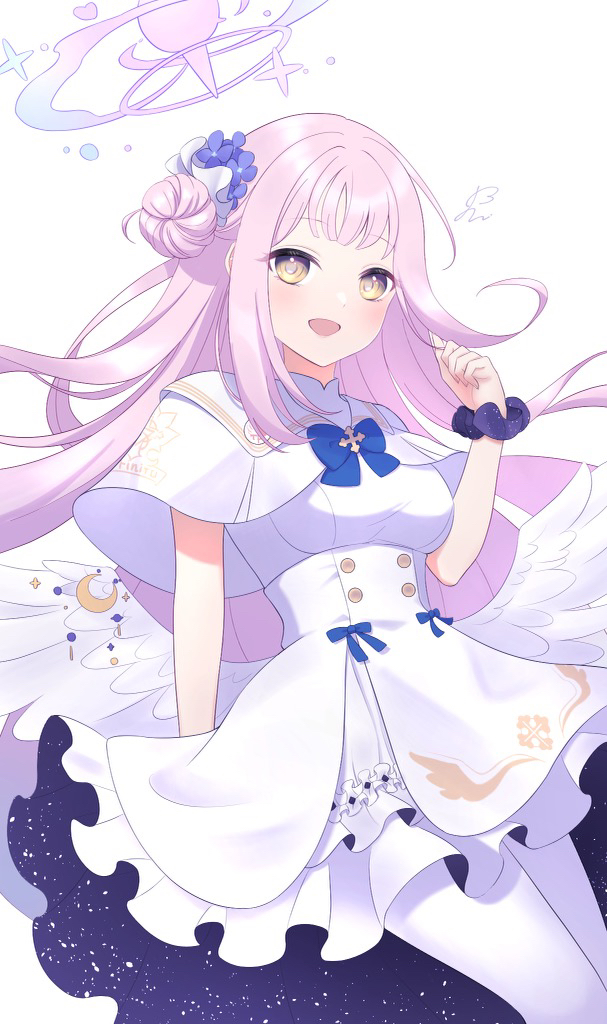 yopi ponn, mika (blue archive), blue archive, 1girl, angel wings, blue bow, blush, bow, breasts, buttons, capelet, crescent, feathered wings, flower, gold trim, hair bun, hair flower, hair ornament, long hair, looking at viewer, low wings, medium breasts, open mouth, pantyhose, pink hair, scrunchie, simple background, single hair bun, single side bun, smile, solo, very long hair, white background, white capelet, white overskirt, white pantyhose, white wings, wing ornament, wings, wrist scrunchie, yellow eyes