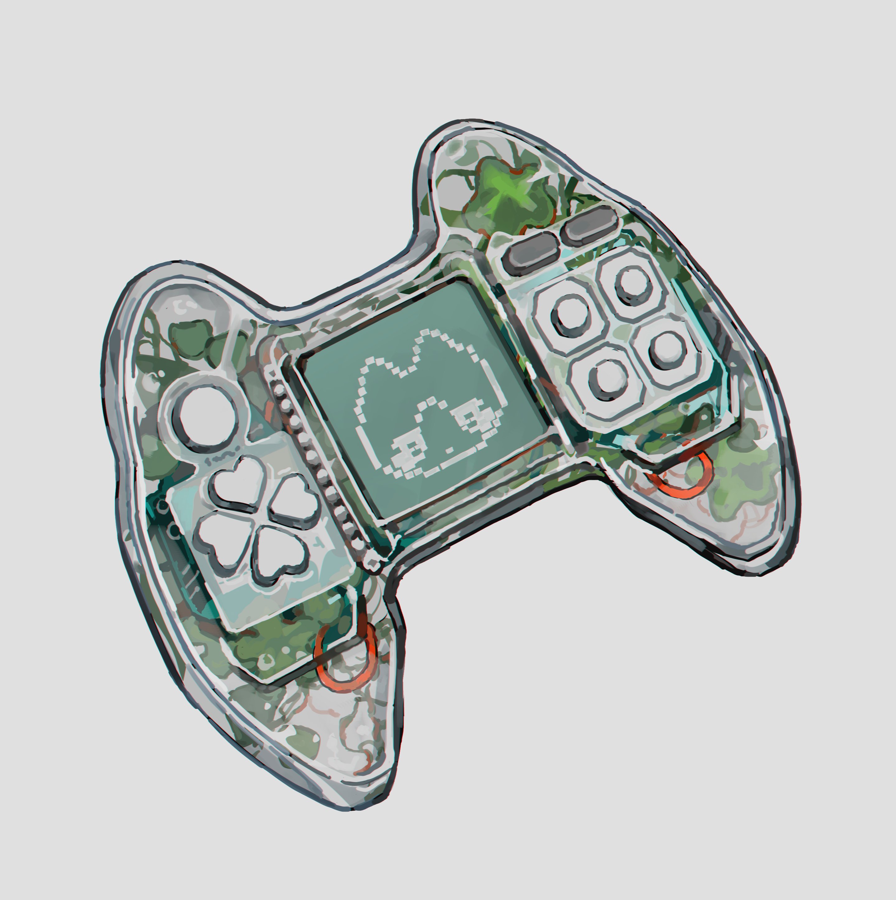 myango (applemangocrape), original, absurdres, highres, clover, controller, four-leaf clover, game controller, leaf, no humans, object focus, pixel art inset, simple background, white background