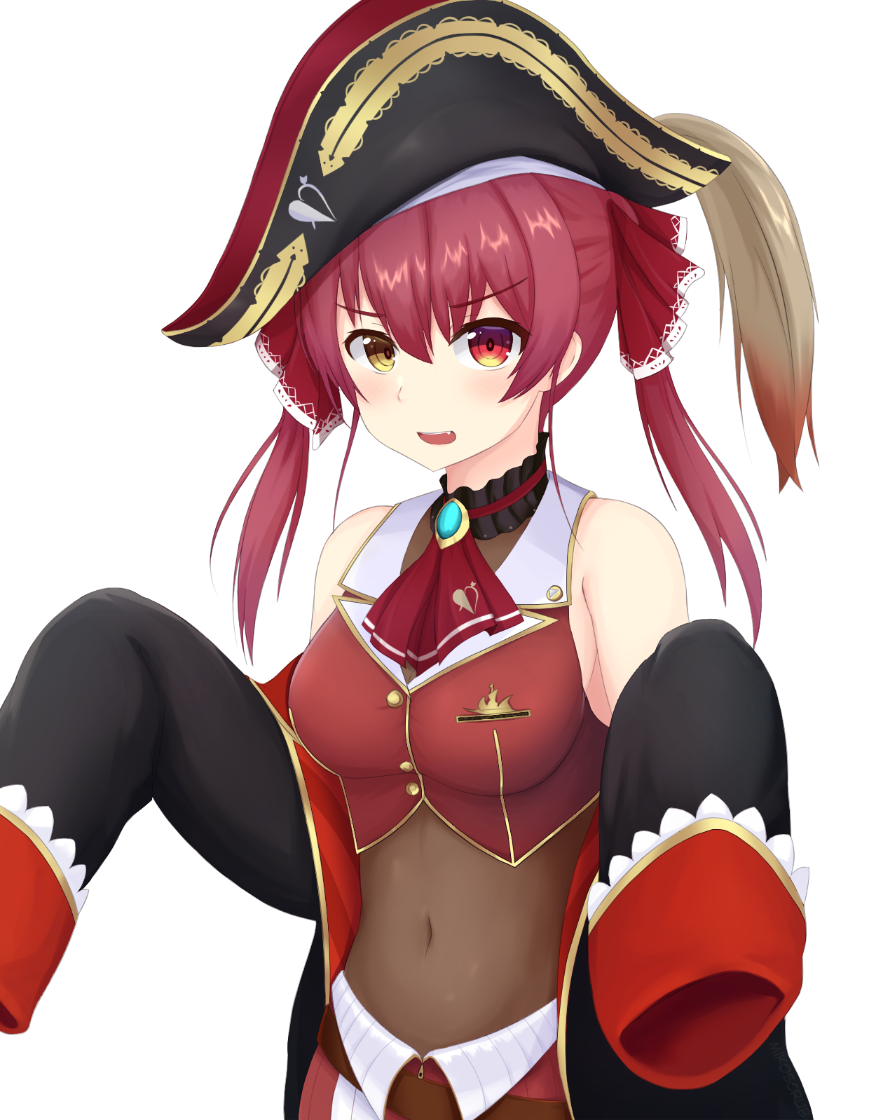 mikoscrub, houshou marine, hololive, commentary, highres, 1girl, ascot, black coat, bodystocking, breasts, coat, covered navel, fang, hat, heterochromia, medium breasts, pirate hat, red ascot, red eyes, red hair, shirt, sleeveless, sleeveless shirt, sleeves past fingers, sleeves past wrists, solo, twintails, upper body, virtual youtuber, yellow eyes
