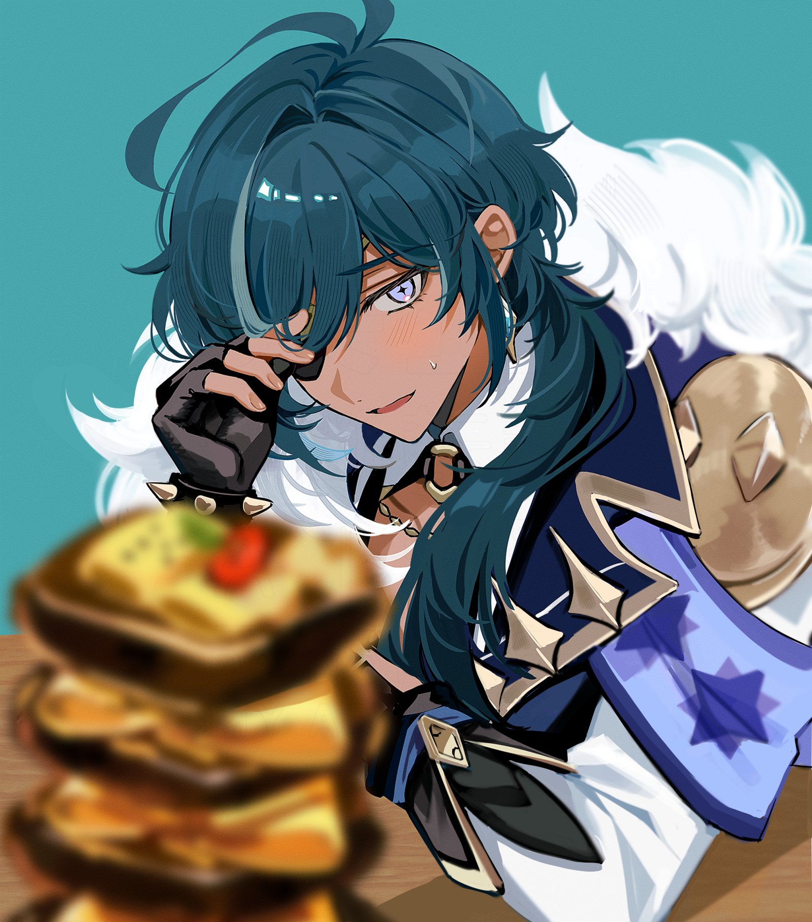 kaeya (genshin impact), genshin impact, commentary request, highres, "once upon a time in mondstadt" (genshin impact), "pile 'em up" (genshin impact), + +, 1boy, 4k10r1, adjusting eyewear, antenna hair, aqua background, black gloves, blue eyes, blue hair, blurry, blurry foreground, blush, bracelet, dark-skinned male, dark skin, earrings, elbow on table, eyepatch, fingerless gloves, food, fur trim, gloves, gold trim, hair between eyes, hair over shoulder, hand on eyewear, jewelry, long hair, long sleeves, looking at food, male focus, parted lips, simple background, solo, spiked bracelet, spikes, sweatdrop, table