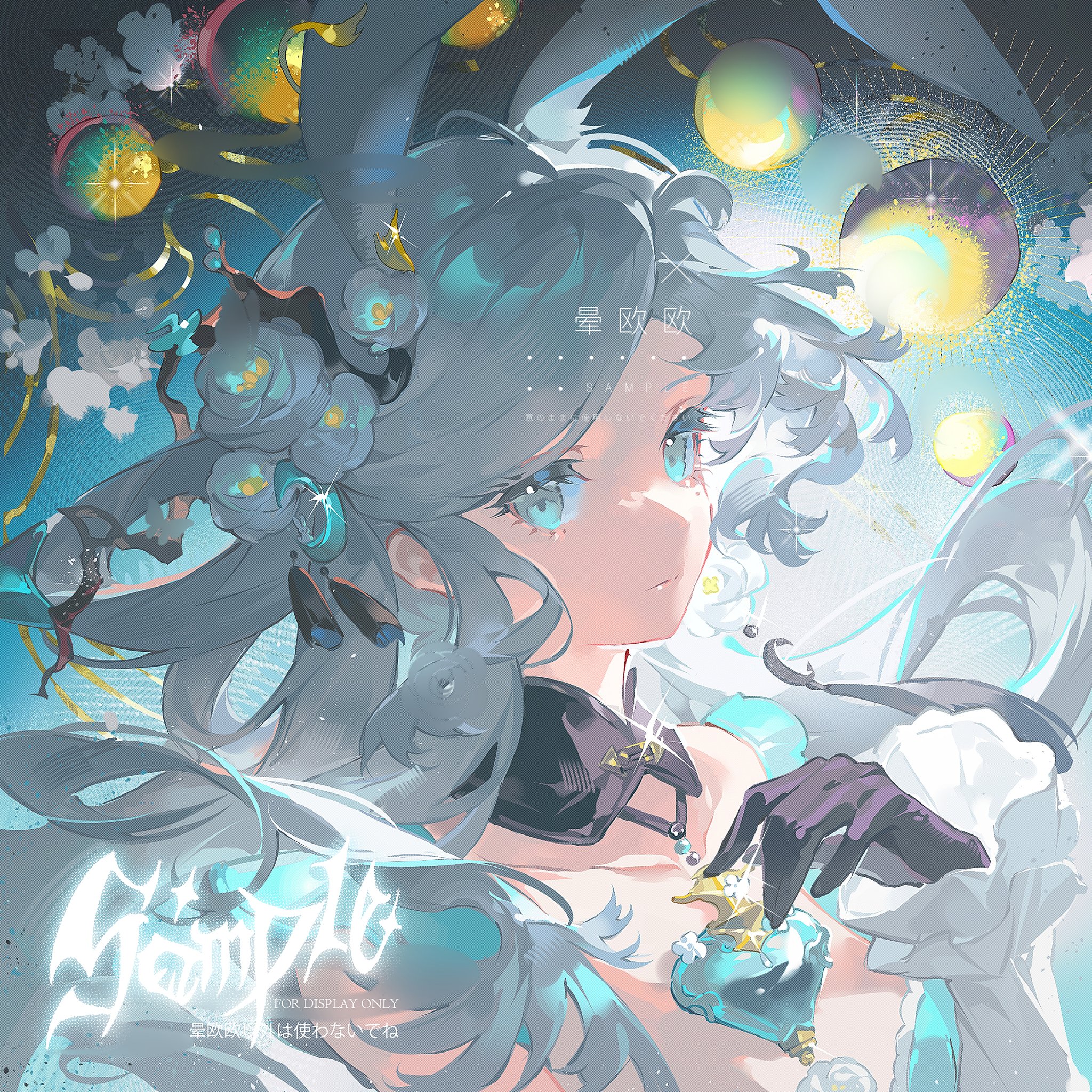 yunouou10, original, highres, animal ears, blue eyes, closed mouth, collarbone, detached collar, expressionless, eyelashes, flower, gloves, hair flower, hair ornament, hair stick, long hair, long sleeves, looking at viewer, mandarin collar, rabbit ears, rabbit girl, sample watermark, tassel, upper body, watermark, white flower, white hair