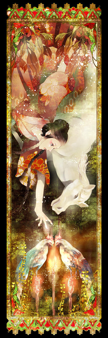 yuu (arcadia), bad id, bad pixiv id, long image, tall image, 1girl, animal, art nouveau, bird, braid, elf, fire, flower, hexagon, honeycomb pattern, horse, japanese clothes, kimono, outstretched arm, outstretched hand, pointy ears, print kimono, reaching
