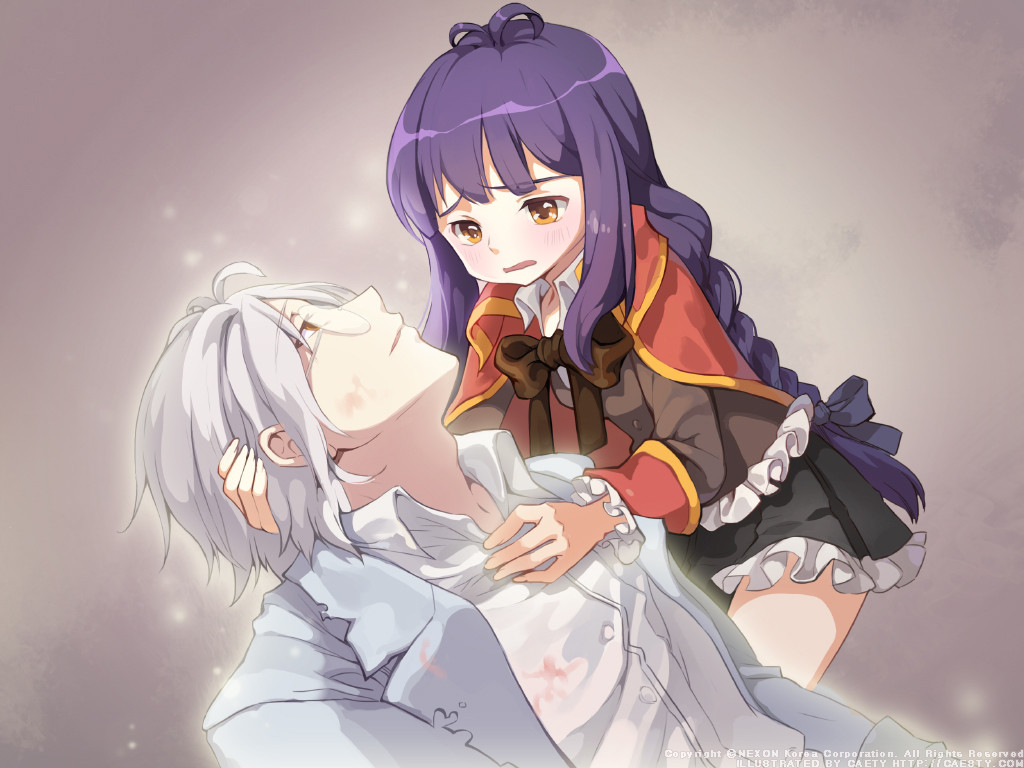 caesty, nexon, tales weaver, character request, commentary, english commentary, official art, 1boy, 1girl, antenna hair, bernard (tales weaver), black bow, black skirt, blush, bow, braid, brown bow, brown jacket, brown sleeves, buttons, cape, collared cape, collared shirt, company name, copyright notice, dated commentary, dress shirt, fingerless gloves, frilled shirt, frilled skirt, frills, glasses, gloves, grey background, grey jacket, hair bow, jacket, lapels, light particles, long hair, low-braided long hair, low-tied long hair, mamo haim, nenyaffle school uniform, nose, notched lapels, parted lips, pleated skirt, profile, purple hair, red cape, red sleeves, round eyewear, sad, school, school uniform, shirt, sidelocks, skirt, sleeve cuffs, undershirt, watermark, web address, white hair, white shirt, wing collar, yellow eyes