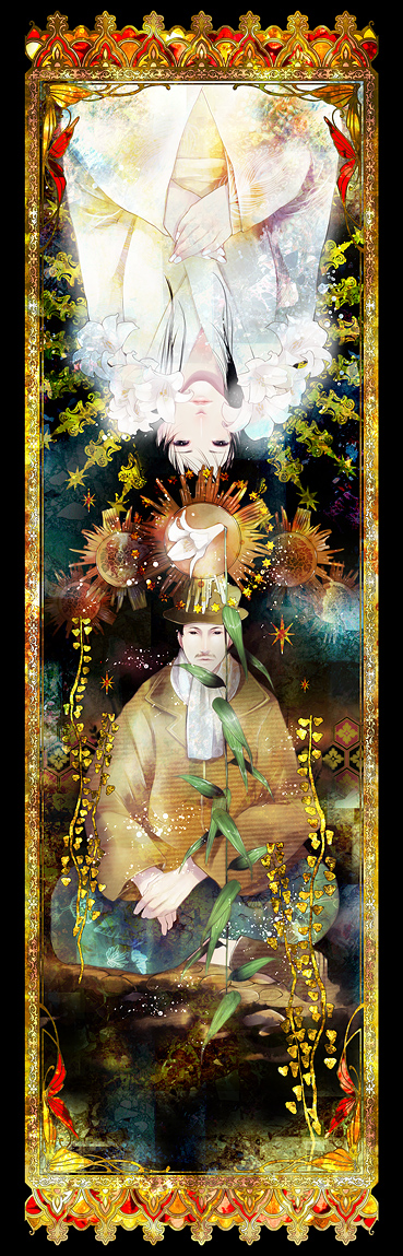 yuu (arcadia), bad id, bad pixiv id, long image, tall image, 1boy, 1girl, flower, hanairi kikkou, hat, hexagon, honeycomb pattern, japanese clothes, kimono, scarf, sun symbol, sunburst
