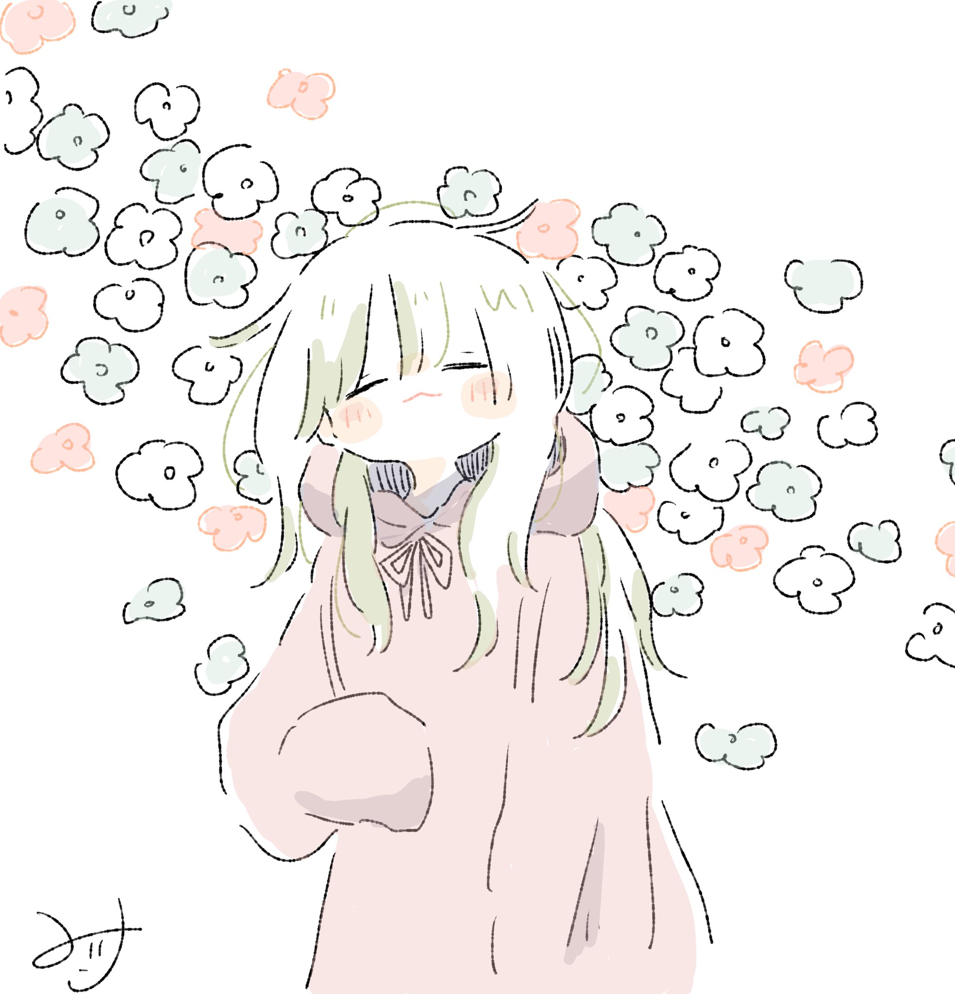 nana163i, original, highres, 1girl, blush, closed eyes, closed mouth, flower, happy, hood, hood down, hoodie, long hair, long sleeves, pink flower, signature, sleeves past fingers, sleeves past wrists, solo, white background, white flower