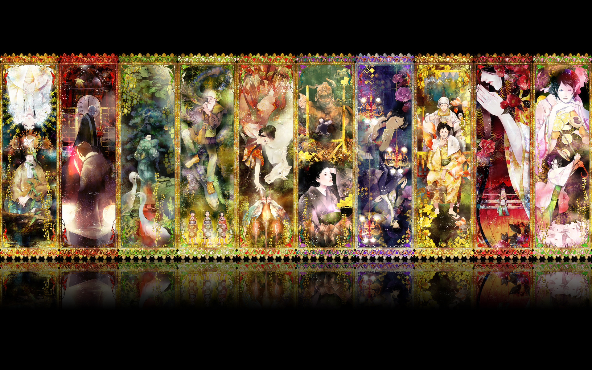 yuu (arcadia), highres, md5 mismatch, 6+boys, 6+girls, animal, art nouveau, bandages, chonmage, clock, column lineup, damask, flower, food, hanairi kikkou, harlequin (pattern), hexagon, hishi (pattern), honeycomb pattern, instrument, japanese clothes, kimono, multiple boys, multiple girls, music, reflection, seigaiha, shippou (pattern), sun symbol, sunburst, topknot