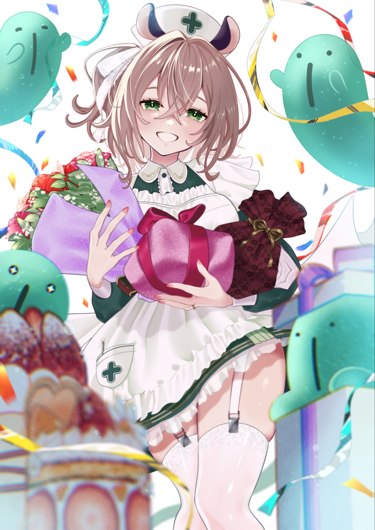 mishima nina, nimi nightmare, indie virtual youtuber, highres, 1girl, animal ears, blurry, blurry foreground, brown hair, confetti, cowboy shot, dress, garter straps, gift, green dress, green eyes, skindentation, solo, tapir ears, tapir girl, thighhighs, virtual youtuber, white thighhighs