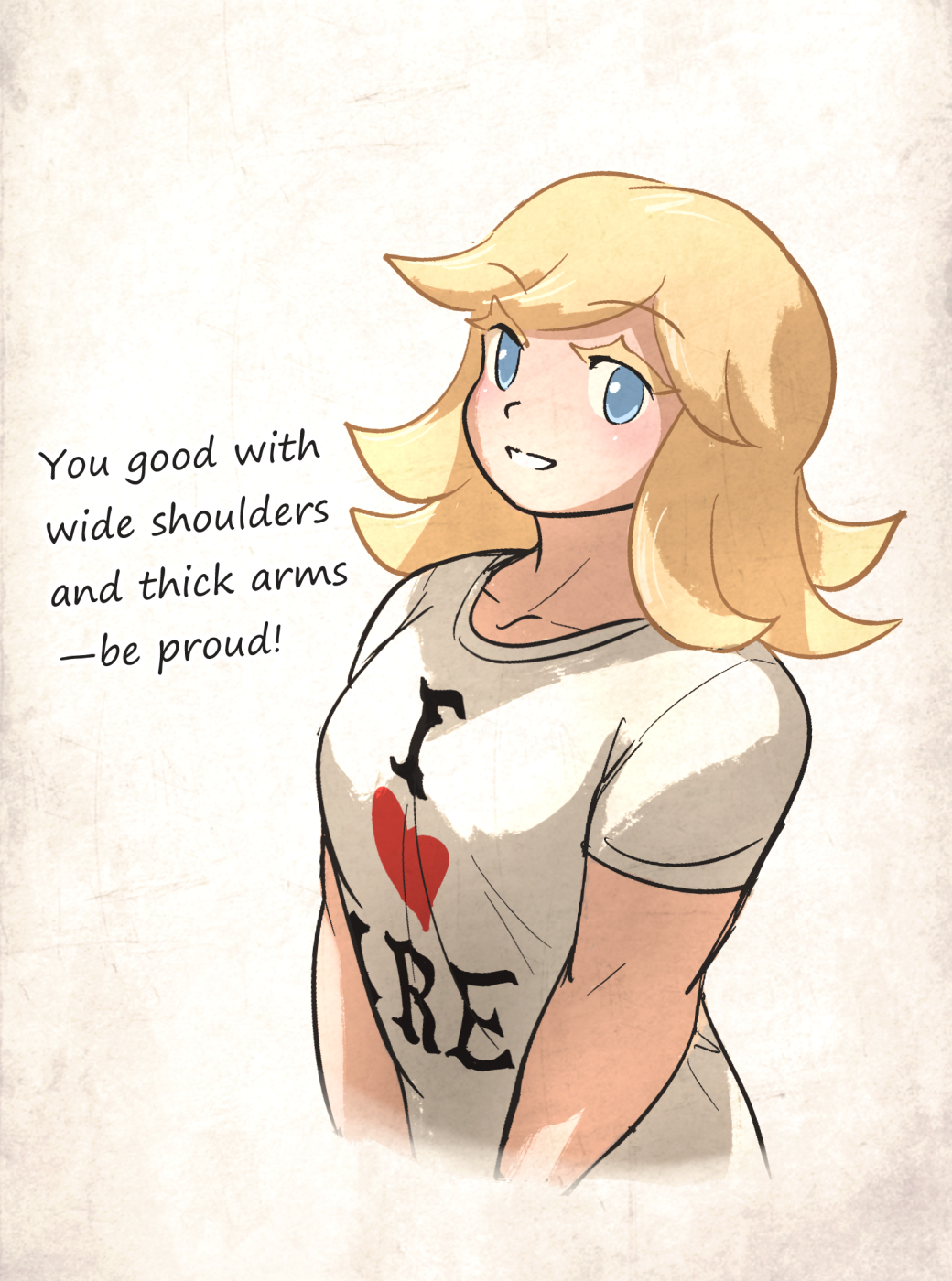 ironlily, perlweiss (ironlily), original, commentary, english commentary, highres, 1girl, blonde hair, blue eyes, breasts, colored eyelashes, english text, engrish text, large breasts, ranguage, shirt, solo, t-shirt, thick arms, upper body