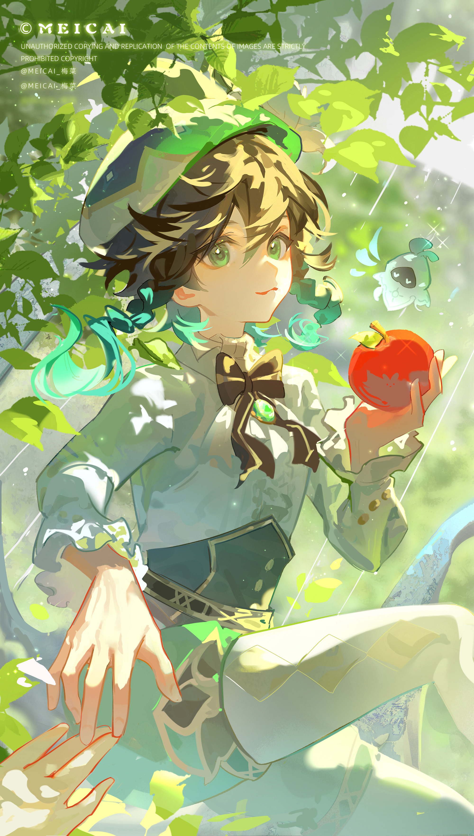 venti (genshin impact), genshin impact, absurdres, highres, 1boy, 1other, apple, beret, bishounen, bow, bowtie, braid, closed mouth, day, eyelashes, food, fruit, green eyes, green hat, hair between eyes, hat, holding, holding food, holding fruit, leaf, long hair, long sleeves, looking at viewer, meicai, outdoors, pantyhose, shorts, sitting, solo focus, sunlight, watermark