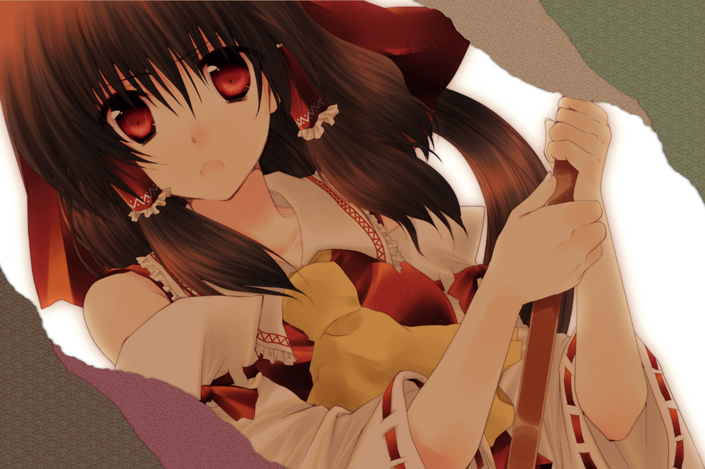kokono coco, hakurei reimu, touhou, 1girl, brown hair, detached sleeves, female focus, japanese clothes, miko, solo, upper body