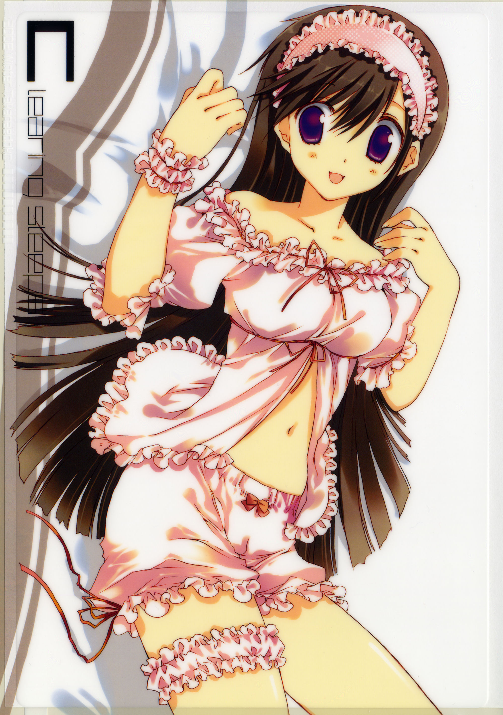 takanae kyourin, absurdres, highres, bare shoulders, bloomers, brown hair, frilled thigh strap, lolita fashion, long hair, navel, pajamas, pink theme, purple eyes, solo, thigh strap, underwear