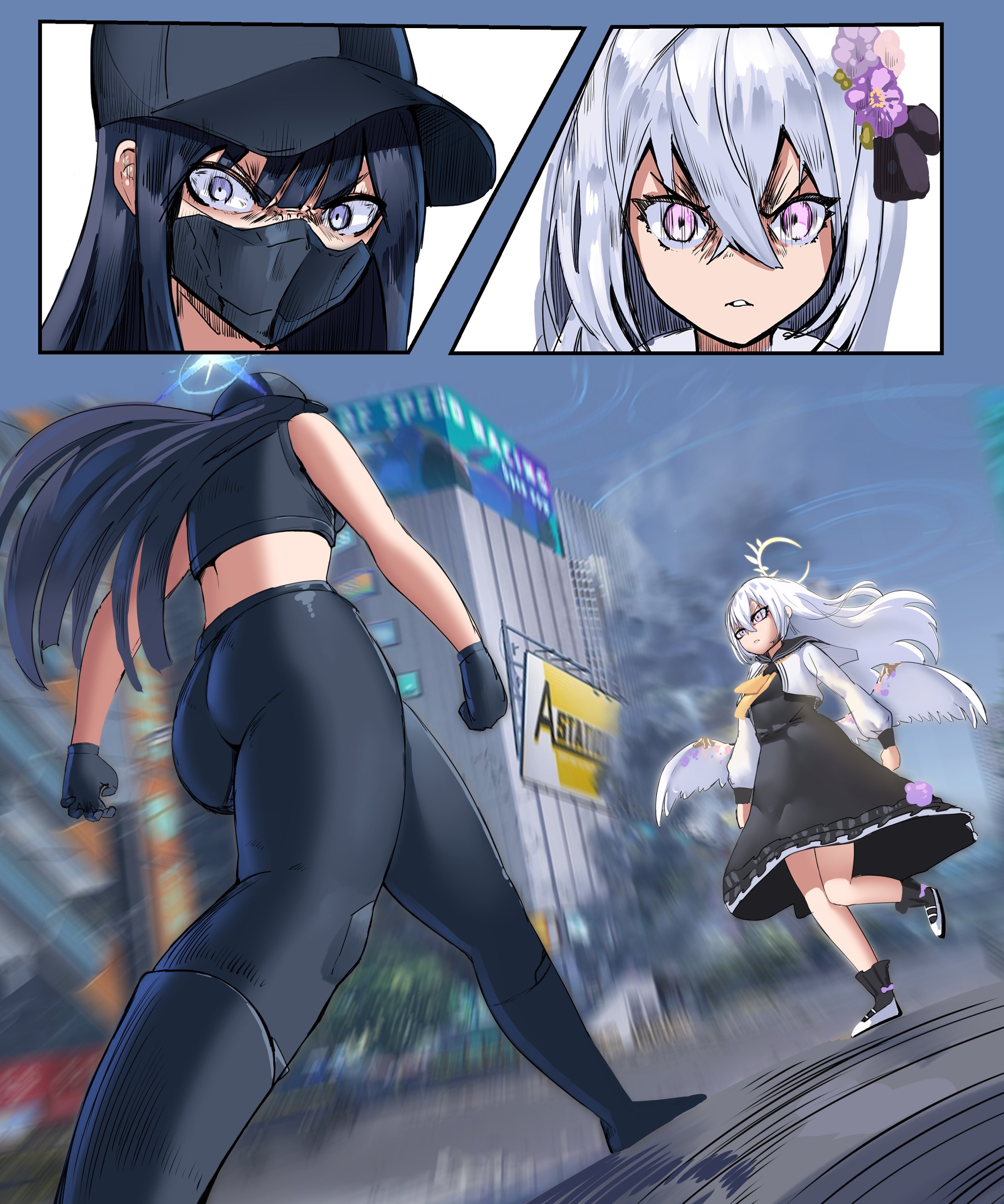 soruex, azusa (blue archive), saori (blue archive), blue archive, jojo no kimyou na bouken, absurdres, commentary, english commentary, highres, 2girls, angel wings, angry, ass, bare arms, baseball cap, black dress, black gloves, black hair, black hat, black pants, black sailor collar, blue eyes, blue halo, building, covered mouth, crescent halo, crossed bangs, dress, feathered wings, flower, gloves, hair between eyes, hair flower, hair ornament, halo, hat, long hair, long sleeves, mask, meme, mouth mask, multiple girls, oh? you're approaching me? (meme), outdoors, pants, pink eyes, sailor collar, smoke, v-shaped eyebrows, white hair, white wings, wing ornament, wings, yellow halo