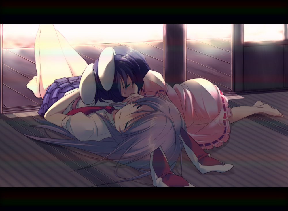 mzyk, inaba tewi, reisen udongein inaba, touhou, light purple hair, 2girls, :3, animal ears, barefoot, black hair, dress, female focus, legs, letterboxed, long hair, multiple girls, muted color, necktie, pink dress, pleated skirt, rabbit ears, short hair, skirt, sleeping, summer