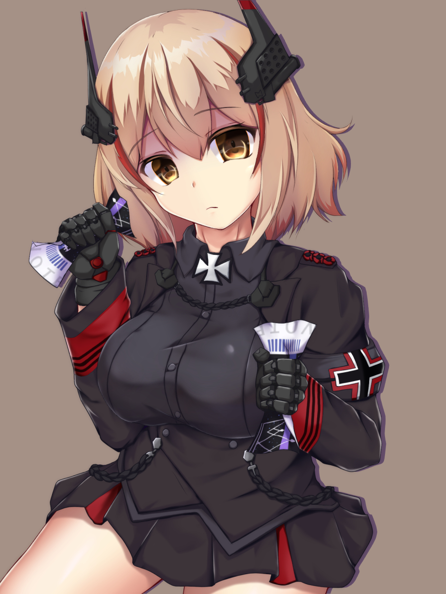 bai da, roon (azur lane), azur lane, commentary request, highres, variant set, 1girl, armband, black armband, black jacket, black skirt, breasts, brown background, collared shirt, hair between eyes, headgear, holding, holding ticket, jacket, large breasts, long sleeves, looking at viewer, mechanical hands, miniskirt, multicolored hair, pleated skirt, red streaks, shaded face, shirt, simple background, skirt, solo, streaked hair, ticket, two-tone hair, yellow eyes