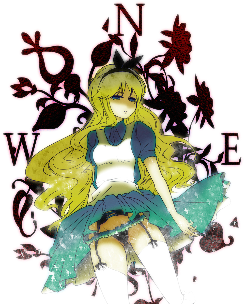 kondoru, alice (alice in wonderland), alice's adventures in wonderland, highres, apron, blonde hair, blue eyes, bow, dress, empty eyes, flower, frills, garter belt, hair bow, lingerie, long hair, panties, pleated skirt, ribbon, skirt, solo, thighhighs, thong, underwear, wavy hair, white thighhighs, wind, wind lift