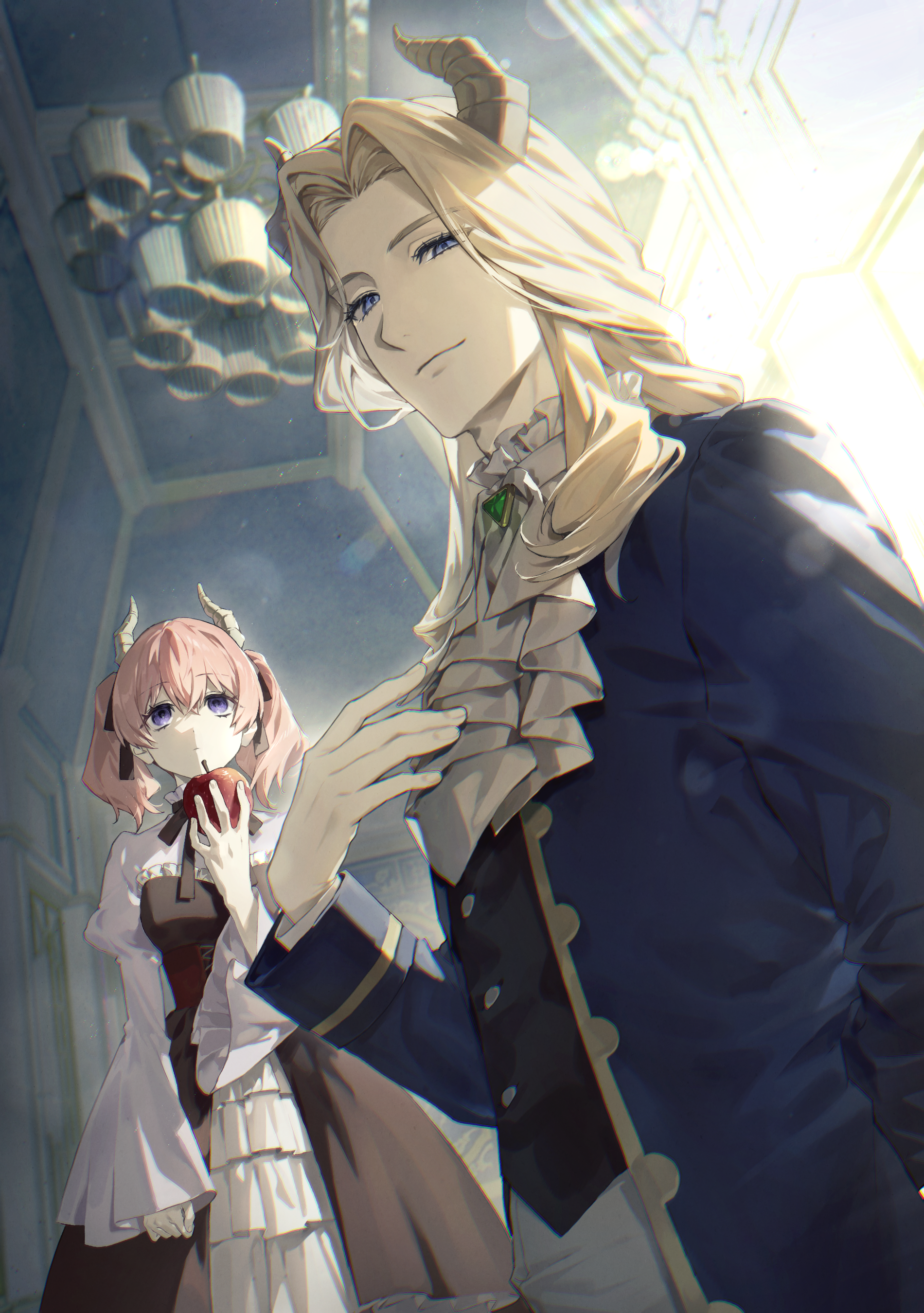 gebin, linie (sousou no frieren), lugner (sousou no frieren), sousou no frieren, absurdres, highres, 1boy, 1girl, ascot, black dress, black ribbon, black vest, blonde hair, blue coat, blue eyes, chandelier, coat, dress, eyelashes, hair between eyes, horns, juliet sleeves, long sleeves, looking at viewer, pink hair, puffy sleeves, ribbon, short hair, sidelighting, twintails, vest, white ascot
