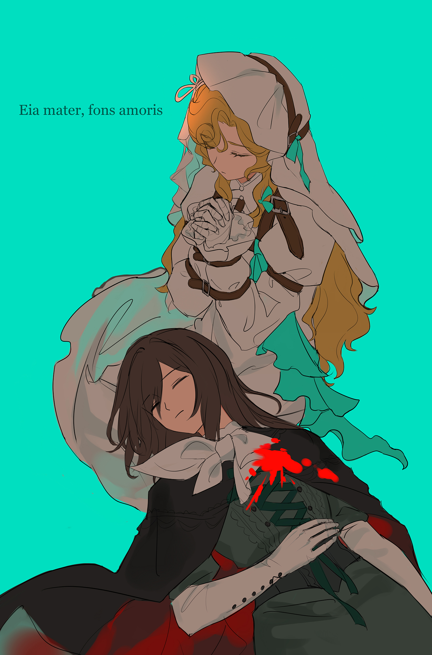 bamboo nima, lorelei (reverse:1999), semmelweis (reverse:1999), reverse:1999, highres, 2girls, aqua background, bandaged hand, bandages, black cape, blonde hair, blood, blood on chest, blood on clothes, brown hair, cape, closed eyes, dress, from above, gloves, green shirt, hand on own stomach, interlocked fingers, lap pillow, latin text, long hair, lying, lying on lap, multiple girls, neckerchief, own hands together, praying, seiza, shirt, sitting, veil, white dress, white gloves, white neckerchief, white veil