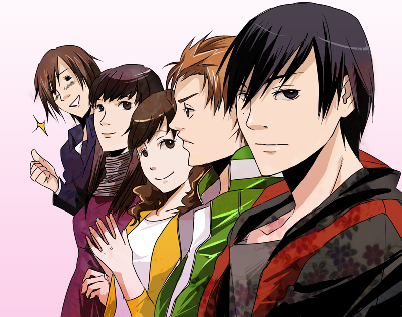 kazuki (kazu-king), hanaori kotoha, ikenami ryuunosuke, shiba takeru, shiraishi mako, tani chiaki, samurai sentai shinkenger, super sentai, tokusatsu, bad id, bad pixiv id, 2girls, 3boys, animification, black eyes, black hair, brown eyes, brown hair, hood, hoodie, ikenami ryunosuke, mole, multiple boys, multiple girls, thumbs up, turtleneck