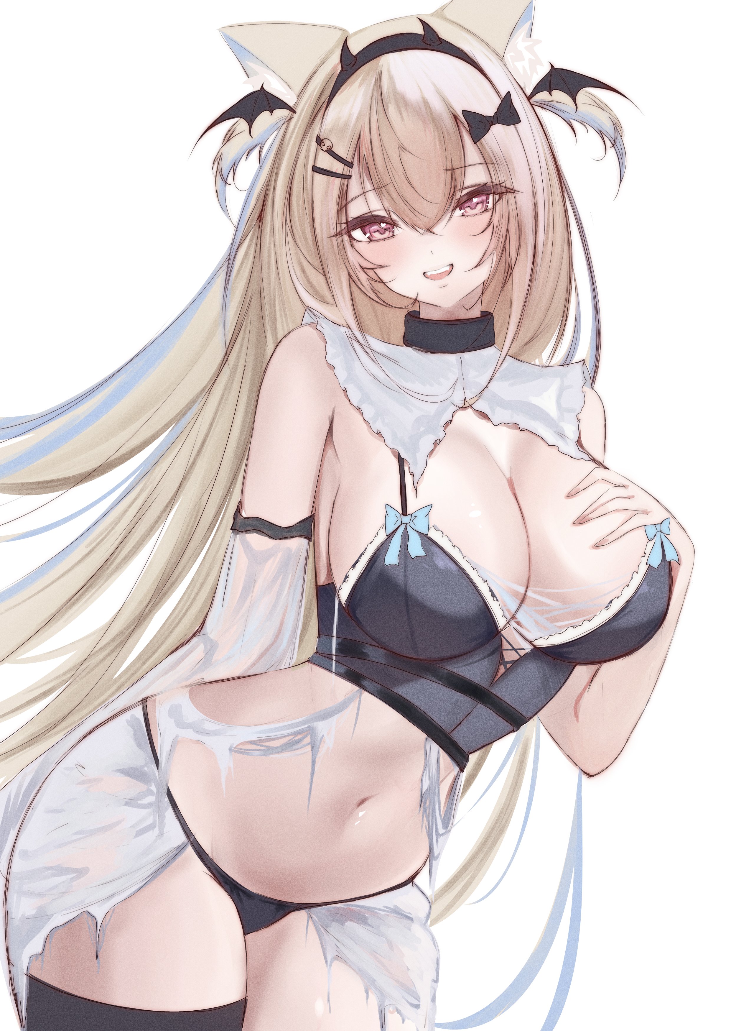 puponya, fuwawa abyssgard, hololive, hololive english, absurdres, highres, 1girl, animal ear fluff, animal ears, bare shoulders, black bra, black collar, black panties, black thighhighs, blonde hair, blue hair, bra, breasts, cleavage, collar, cowboy shot, dog ears, dog girl, eyelashes, large breasts, multicolored hair, panties, pink eyes, simple background, skirt, solo, streaked hair, thighhighs, torn clothes, torn skirt, two-tone hair, two side up, underwear, virtual youtuber, white background