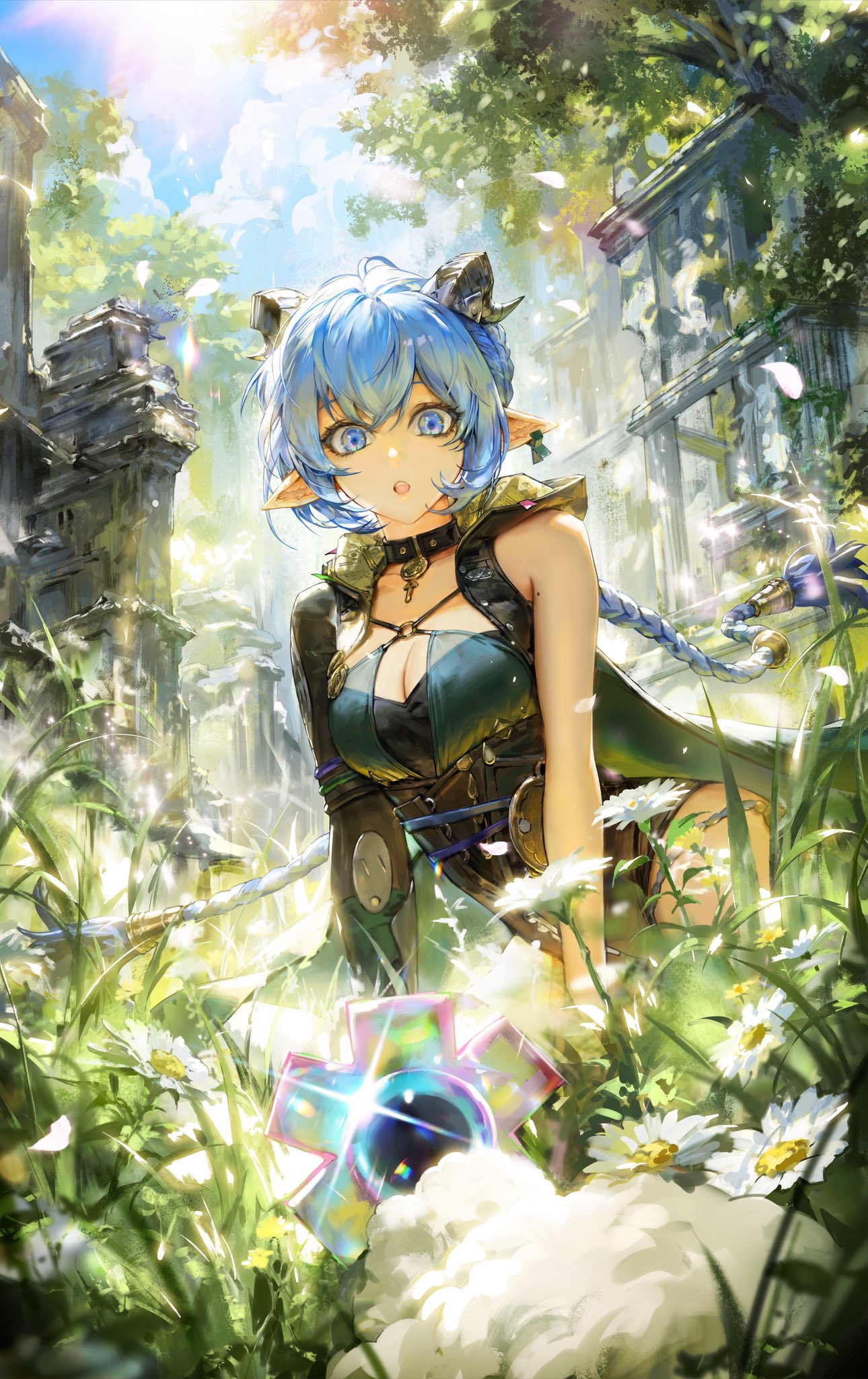 vlfdus 0, lucia elowen, zenless zone zero, highres, 1girl, asymmetrical sleeves, black horns, blue eyes, blue hair, blue sky, braid, breasts, chrysanthemum, cleavage, cloud, collar, day, eyelashes, flower, hair between eyes, horns, long hair, medium breasts, mismatched sleeves, mole, mole on arm, outdoors, petals, pointy ears, sidelocks, sky, solo, sunlight, surprised, teeth, tree, upper teeth only, white flower