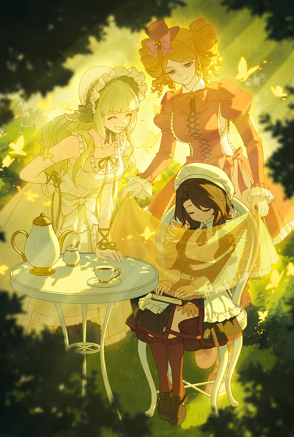aluce, clair vaux bernardus, gaap (umineko), shannon (umineko), umineko no naku koro ni, chinese commentary, commentary request, highres, 3girls, apron, bed sheet, beret, black dress, blonde hair, blunt bangs, blurry, blurry foreground, bonnet, bow, bowtie, breasts, brown hair, bug, butterfly, chair, closed eyes, closed mouth, covering with blanket, cup, day, depth of field, dress, drill hair, elbow gloves, facing another, frilled bonnet, frilled dress, frills, gloves, grass, green hair, grin, hat, holding, holding sheet, insect, juliet sleeves, kneehighs, light smile, loafers, long hair, long sleeves, looking at another, maid, maid apron, multiple girls, necktie, on chair, outdoors, puffy sleeves, red bow, red bowtie, red dress, red necktie, red socks, round table, shoes, short hair, sideboob, sideless dress, sitting, sleeping, sleeveless, sleeveless dress, smile, socks, table, tea, teacup, teapot, tree, twin drills, waist apron, white dress, white gloves