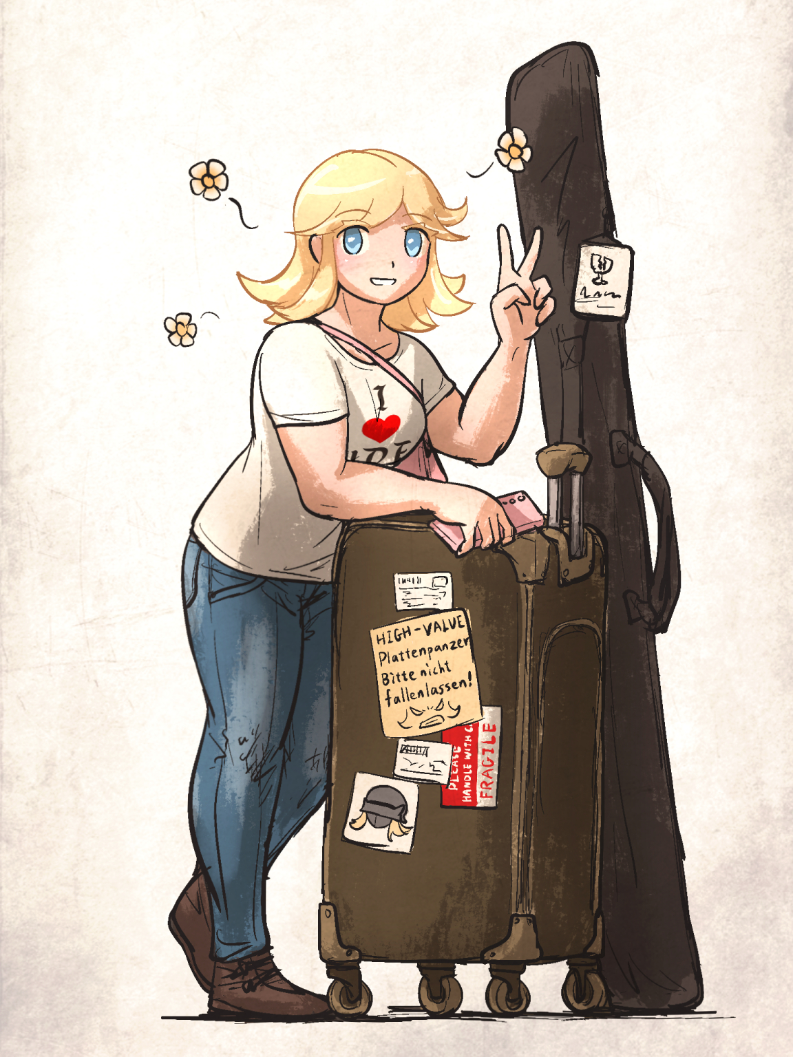 ironlily, perlweiss (ironlily), original, commentary, english commentary, highres, translation request, 1girl, blonde hair, blue eyes, blue pants, breasts, brown shoes, cellphone, denim, full body, german text, holding, holding phone, jeans, medium breasts, pants, phone, rolling suitcase, shoes, smartphone, solo, suitcase, thick arms, v