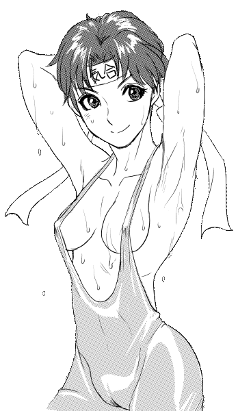 touzai, 1girl, armpits, breasts, brown theme, female focus, headband, leotard, monochrome, pantyhose, short hair, sideboob, solo, transparent background