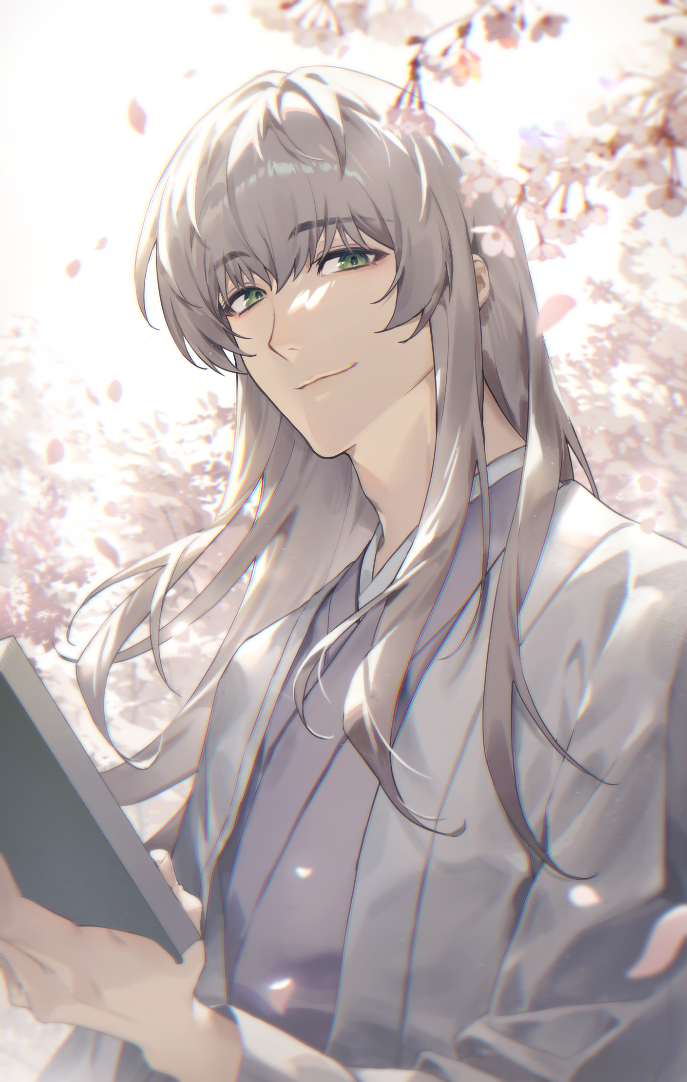 gebin, yoshida shouyou, gintama, highres, 1boy, backlighting, cherry blossoms, chromatic aberration, closed mouth, green eyes, grey hair, hair between eyes, holding, japanese clothes, long hair, looking at viewer, male focus, petals, smile, solo, upper body, white background