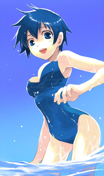 mari (mari^3), shirogane naoto, atlus, persona, persona 4, blue eyes, blue hair, one-piece swimsuit, short hair, solo, swimsuit, water