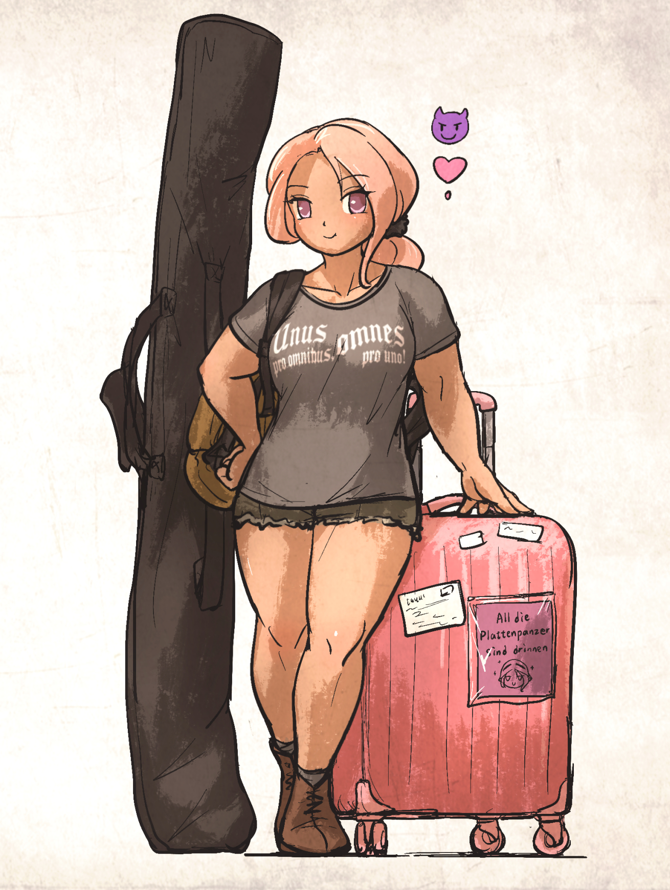 ironlily, ebenholz (ironlily), original, commentary, english commentary, highres, translation request, 1girl, backpack, bag, black shorts, breasts, brown shoes, curvy, dark-skinned female, dark skin, full body, german text, hair ornament, hair scrunchie, hand on own hip, heart, large breasts, pink eyes, pink hair, ponytail, rolling suitcase, scrunchie, shoes, short shorts, shorts, solo, suitcase, thighs
