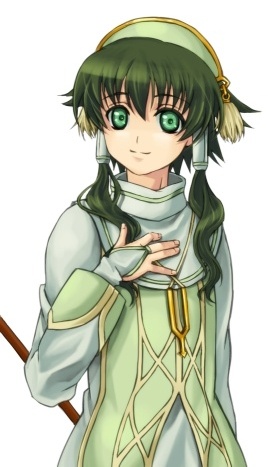 touichi yuuto, ion (tales), tales of (series), tales of the abyss, lowres, 00s, 1boy, green eyes, green hair, hair tubes, long hair, male focus, matching hair/eyes, short hair with long locks, smile, solo, staff